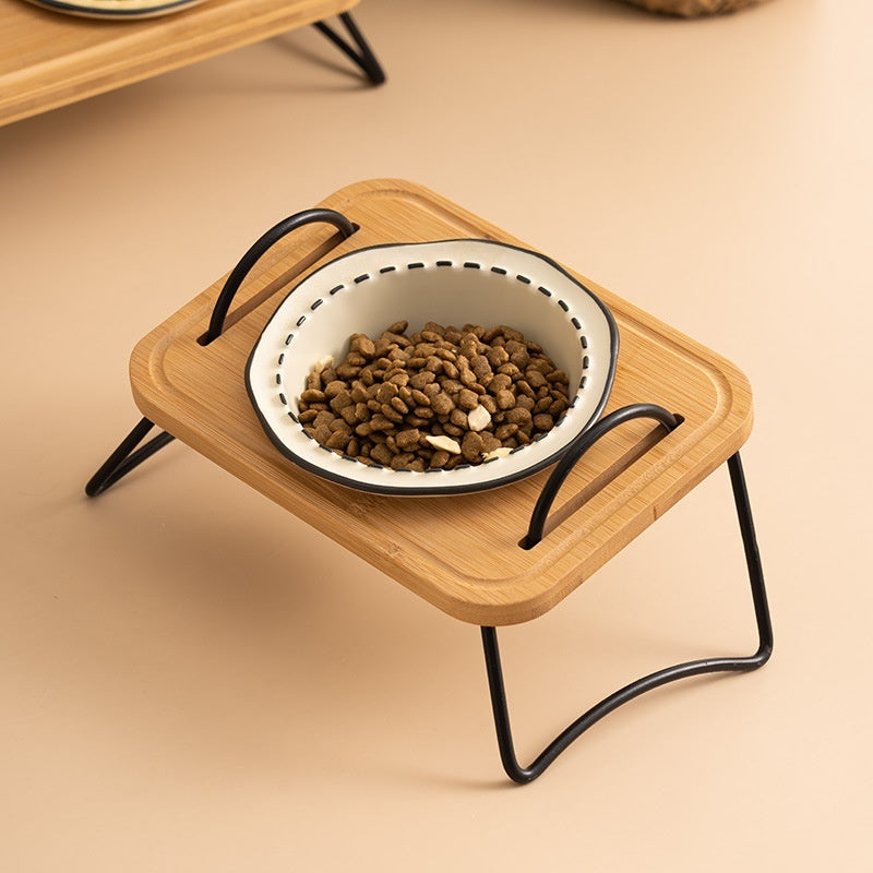 Pet Wooden Multi-functional Ceramic Cat Bowl