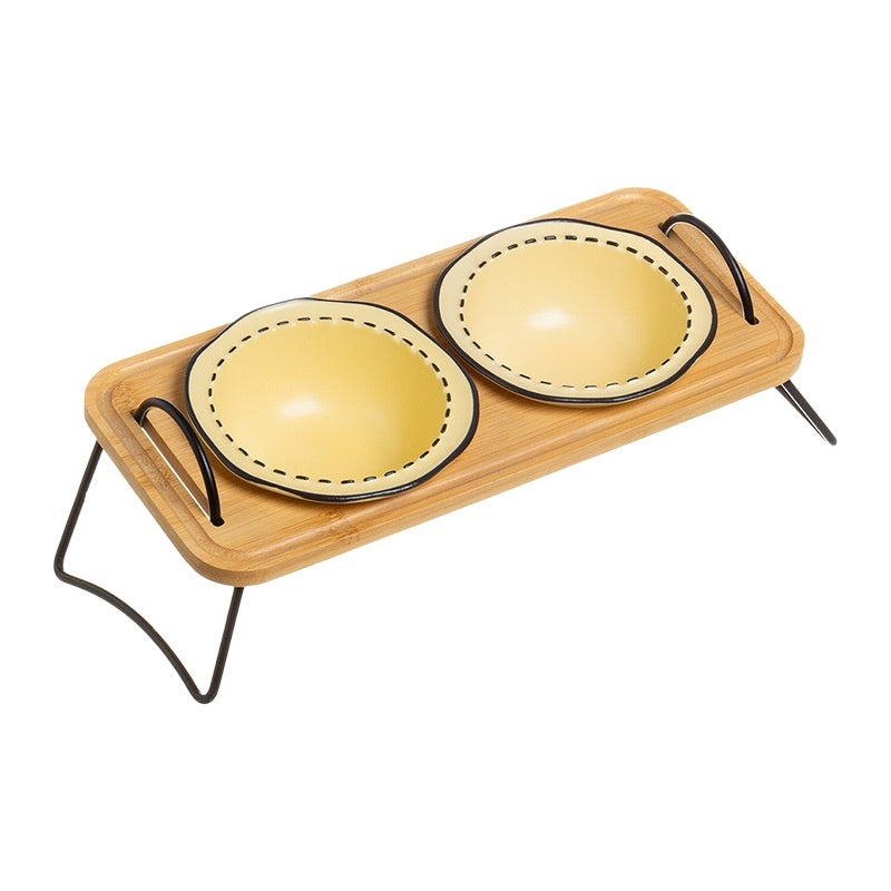 Pet Wooden Multi-functional Ceramic Cat Bowl